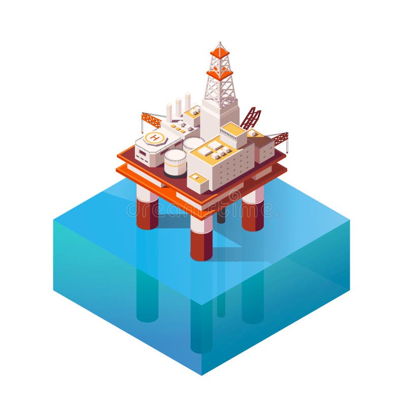 Vector Isometrische Plattform für die Förderung von Öl und Gas Flachbildschirm mit Offshore-Ölplattform im Ozean Hochwertiges Öl stock abbildung