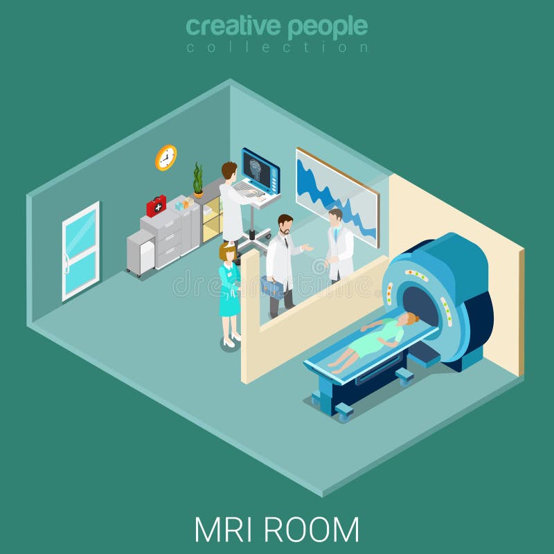 Vector isométrico plano del equipo interior del hospital del sitio del MRT de MRI stock de ilustración Vector isométrico plano del equipo interior del hospital del sitio del MRT de MRI stock de ilustración