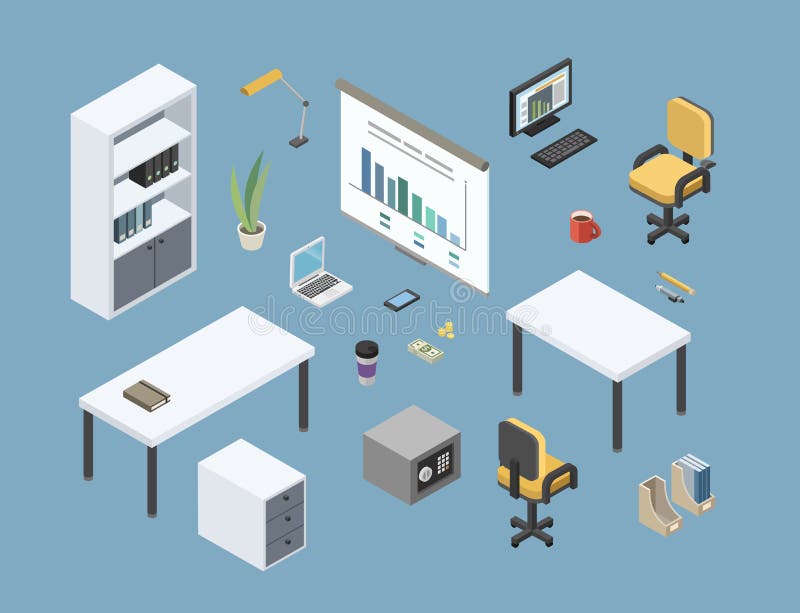 Vector isométrico sentado de los muebles de oficinas, elementos planos del diseño interior 3d ilustración del vector Vector isométrico sentado de los muebles de oficinas, elementos planos del diseño interior 3d ilustración del vector