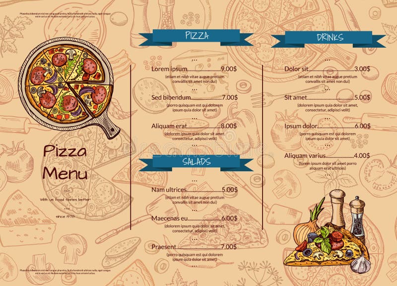 Vector italian pizza restaurant menu template with hand drawn colored elements. Illustration of menu italian restaurant pizza. Vector italian pizza restaurant menu template with hand drawn colored elements. Illustration of menu italian restaurant pizza