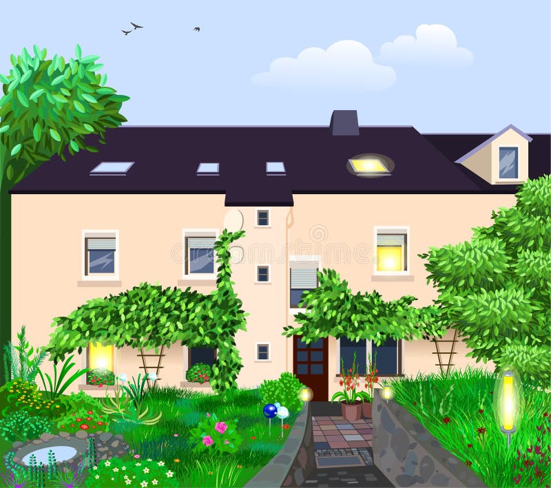 Haus Mit Garten Stock Illustrationen, Vektoren, & Kliparts 68,416