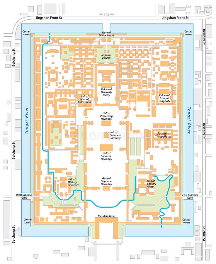 Vector Karte der Verbotenen Stadt, Palastkomplex in zentralem Beij vektor abbildung Vector Karte der Verbotenen Stadt, Palastkomplex in zentralem Beij vektor abbildung