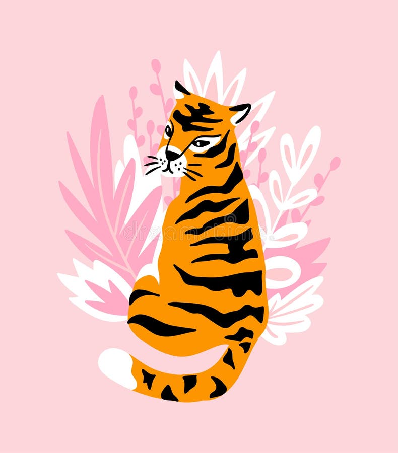 Vector Karte mit nettem Tiger auf dem rosa Hintergrund und den tropischen Blättern Schönes Tierdruckdesign für T-Shirt vektor abbildung Vector Karte mit nettem Tiger auf dem rosa Hintergrund und den tropischen Blättern Schönes Tierdruckdesign für T-Shirt vektor abbildung