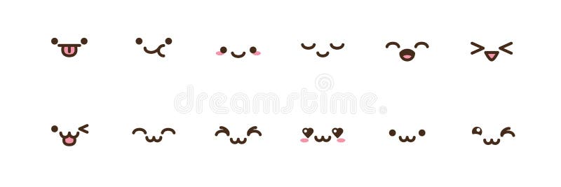 Kawaii cute smile emoticons and Japanese anime emoji faces expressions  Vector cartoon style comic sketch icons   Anime faces expressions Cute  faces Kawaii cute