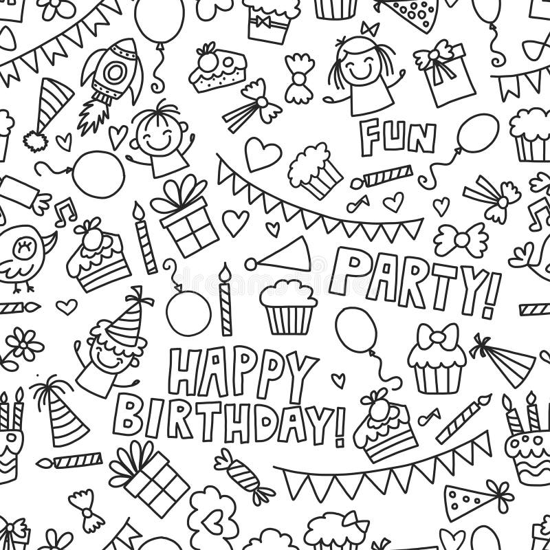 Vector Kids Party Coloring Page Children Birthday Icons in Doodle Style ...