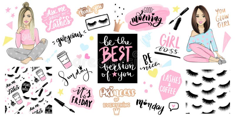 Vector Kit with girls or young women, seamless patterns with lashes, mascara and fashion quotes about makeup, days of the week, cup of coffee. Glamour and cute stickers, lettering calligraphy phrases.