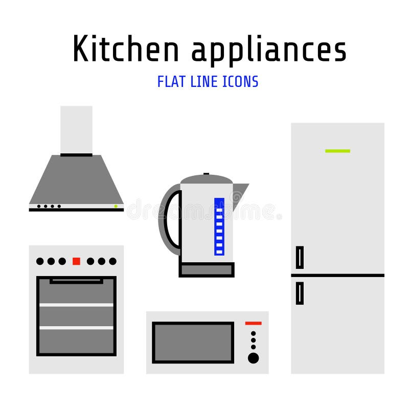 Vector Kitchen Appliances Set of Icons in Flat Line Style Stock
