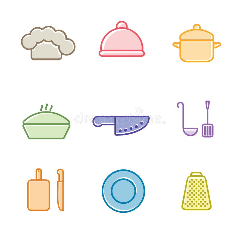 Vector kitchen, restaurant and culinary icons. Chef cap, cloche, pan, knife, laddle, grating board, saucepan, plate royalty free illustration Vector kitchen, restaurant and culinary icons. Chef cap, cloche, pan, knife, laddle, grating board, saucepan, plate royalty free illustration