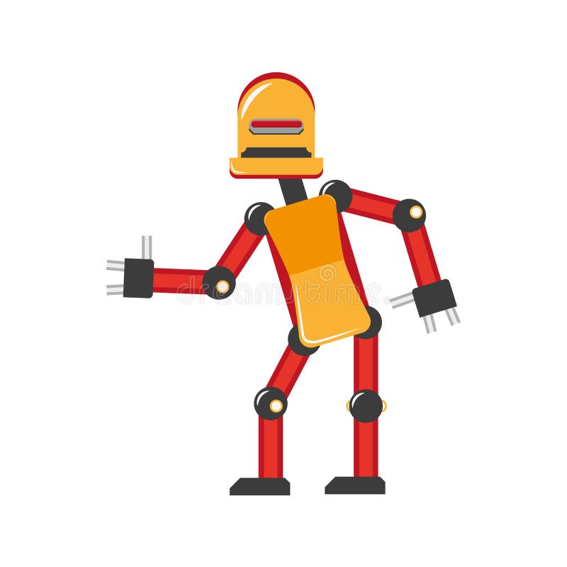 Vector flat funny friendly robot. Humanoid male character with arms, legs wants to give handshake smiling. Isolated illustration on a white background. Childish futuristic android. Vector flat funny friendly robot. Humanoid male character with arms, legs wants to give handshake smiling. Isolated illustration on a white background. Childish futuristic android.