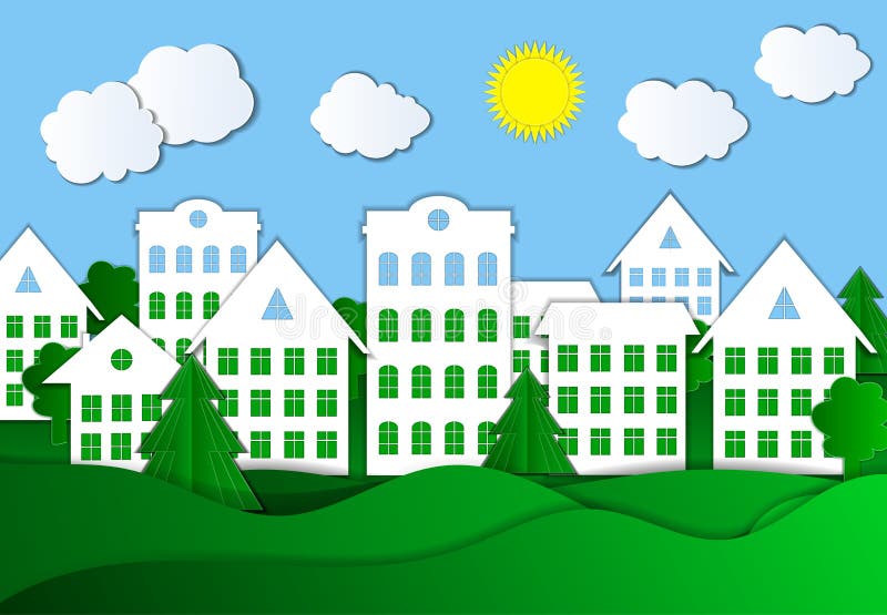 Vector Kleurrijke Illustratie van Eco-Stad, Heldergroen Gras en Blauwe Hemel, Document Achtergrond vector illustratie Vector Kleurrijke Illustratie van Eco-Stad, Heldergroen Gras en Blauwe Hemel, Document Achtergrond vector illustratie