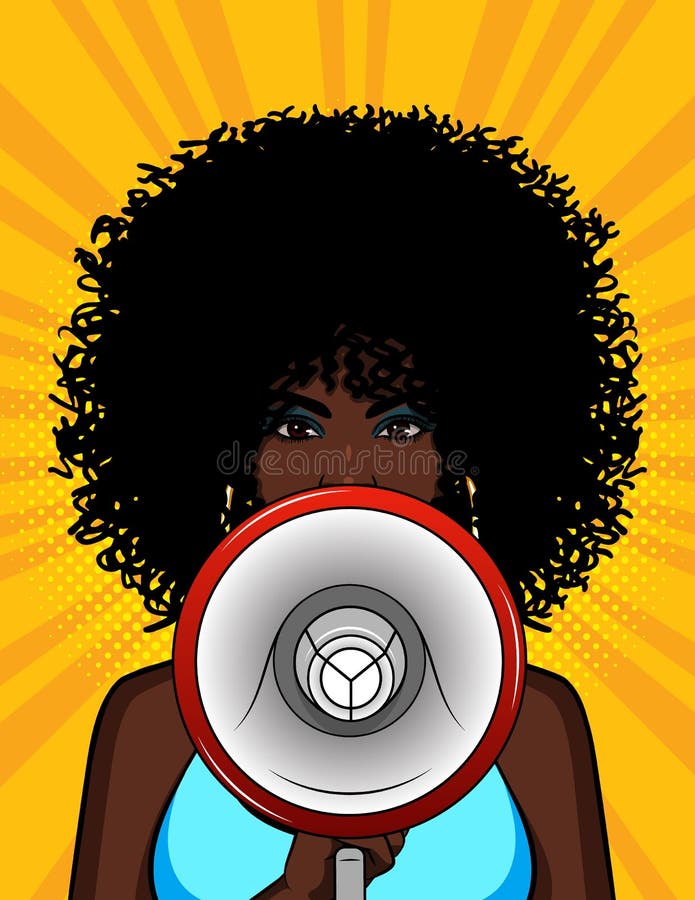Vector kleurrijke illustratie van een Afrikaans Amerikaans meisje met een luidspreker in haar hand
