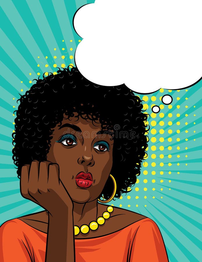 Vector retro illustration pop art comic style of a boring woman`s face. Afro American woman with curly hair is thinking. Vector retro illustration pop art comic style of a boring woman`s face. Afro American woman with curly hair is thinking