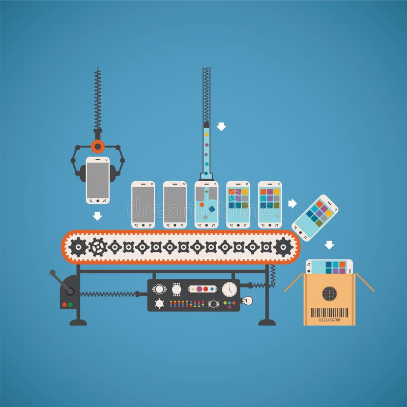 Vector concept of hardware and software production with smartphones on conveyor line. Vector concept of hardware and software production with smartphones on conveyor line.