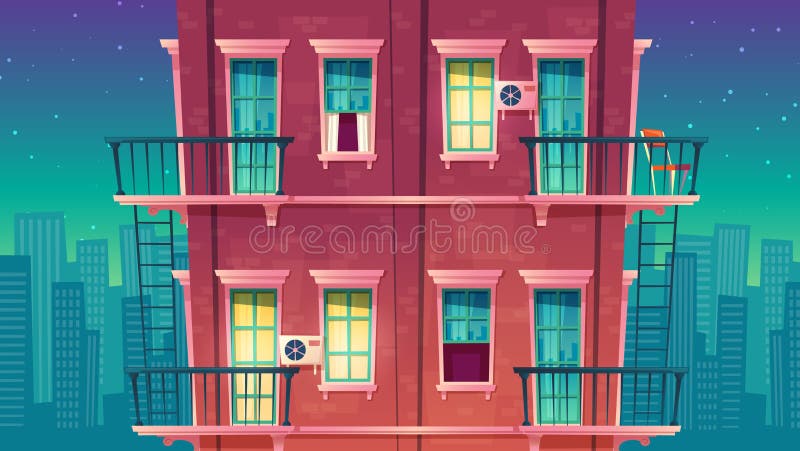 Vector l'appartamento multipiano alla notte, la casa fuori del concetto, costruzione privata illustrazione di stock Vector l'appartamento multipiano alla notte, la casa fuori del concetto, costruzione privata illustrazione di stock