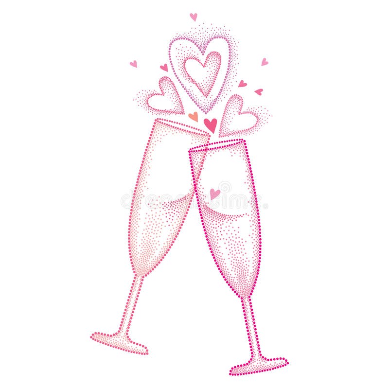 Vector l'illustrazione con due vetri punteggiati del champagne della tostatura con cuore nel rosa isolato su fondo bianco royalty illustrazione gratis Vector l'illustrazione con due vetri punteggiati del champagne della tostatura con cuore nel rosa isolato su fondo bianco royalty illustrazione gratis