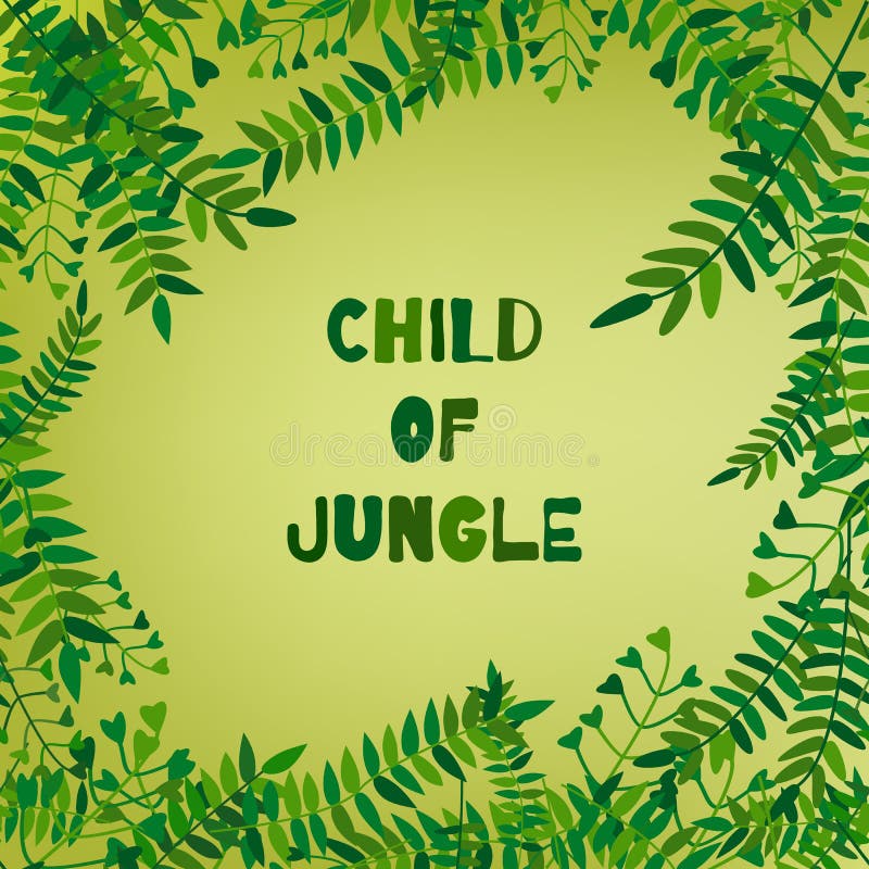 Vector l'illustrazione con il bambino tropicale astratto del ` del testo e della foglia del ` della giungla su fondo verde illustrazione di stock Vector l'illustrazione con il bambino tropicale astratto del ` del testo e della foglia del ` della giungla su fondo verde illustrazione di stock