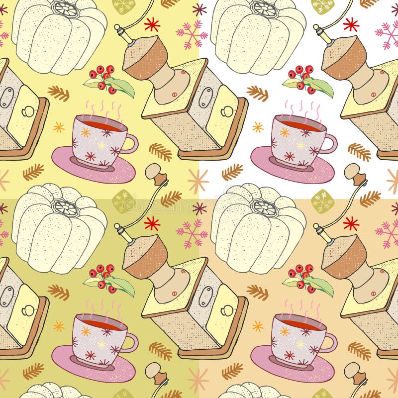 Vector l'illustrazione dei piatti, della smerigliatrice, del dolce e della tazza di Natale di cioccolato, modelli senza cuciture illustrazione di stock Vector l'illustrazione dei piatti, della smerigliatrice, del dolce e della tazza di Natale di cioccolato, modelli senza cuciture illustrazione di stock