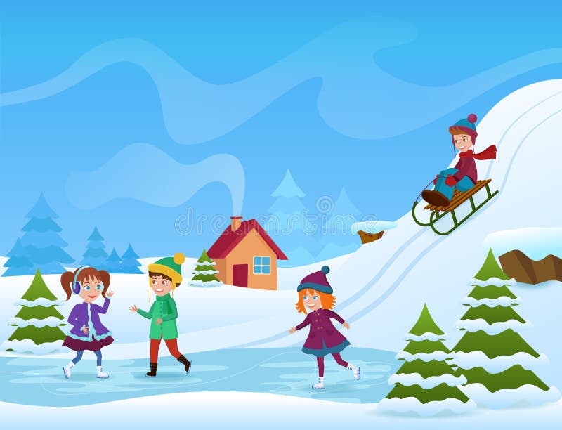 Vector l'illustrazione del pattinaggio su ghiaccio allegro e di sledging dei bambini nell'inverno Carta dei holifays di inverno illustrazione di stock Vector l'illustrazione del pattinaggio su ghiaccio allegro e di sledging dei bambini nell'inverno Carta dei holifays di inverno illustrazione di stock