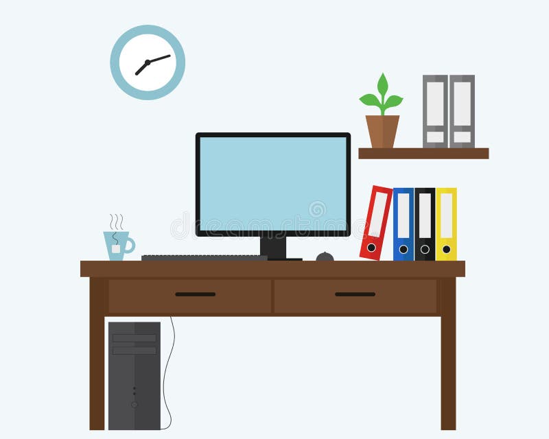 Vector l'illustrazione dell'ufficio blu con il computer sotto lo scrittorio, fil illustrazione di stock Vector l'illustrazione dell'ufficio blu con il computer sotto lo scrittorio, fil illustrazione di stock