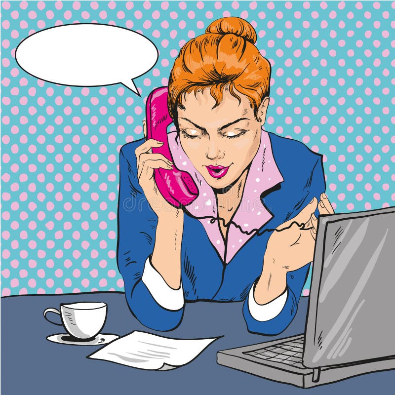 Vector l'illustrazione della donna che discute a fondo il telefono, Pop art illustrazione di stock Vector l'illustrazione della donna che discute a fondo il telefono, Pop art illustrazione di stock