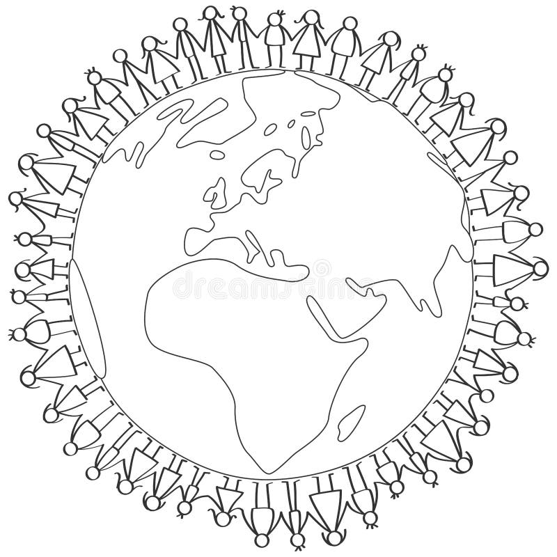Vector l'illustrazione delle figure bambini del bastone che stanno intorno al globo della terra che si tiene per mano la pagina d royalty illustrazione gratis Vector l'illustrazione delle figure bambini del bastone che stanno intorno al globo della terra che si tiene per mano la pagina d royalty illustrazione gratis