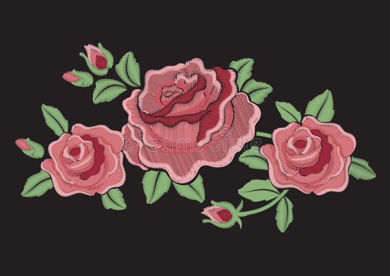 Vector l'illustrazione delle rose ricamate modo stupefacente molto bello nei toni di rosa della polvere isolate su fondo nero, po illustrazione di stock