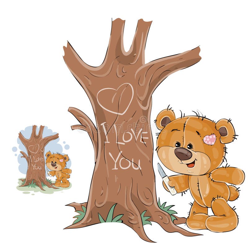 Vector l'illustrazione di un orsacchiotto marrone amoroso scolpito su un tronco di albero un cuore e un'iscrizione ti amo