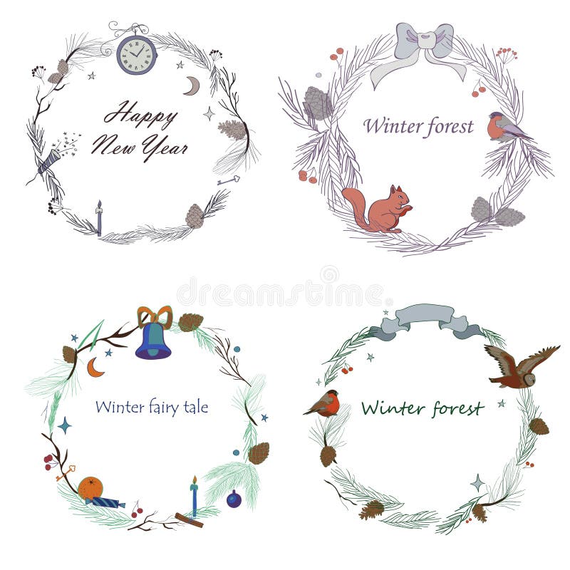 Vector l'illustrazione, l'insieme dei telai del nuovo anno con la foresta e gli elementi celebratori Rami dell'abete rosso, coni, illustrazione vettoriale Vector l'illustrazione, l'insieme dei telai del nuovo anno con la foresta e gli elementi celebratori Rami dell'abete rosso, coni, illustrazione vettoriale