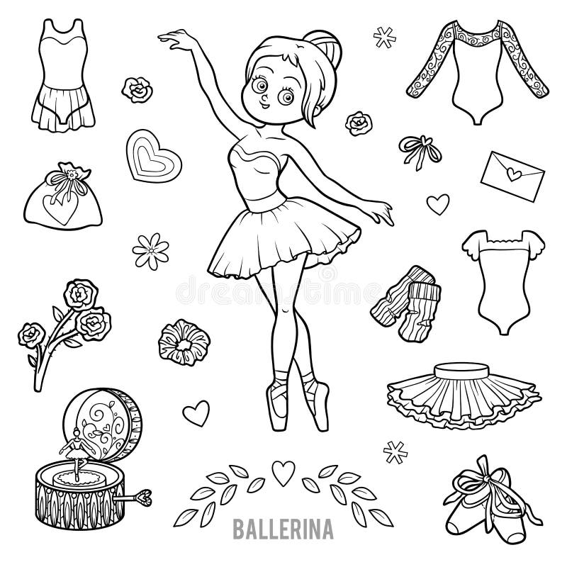 Vector l'insieme in bianco e nero con gli oggetti di dancing e della ballerina illustrazione vettoriale