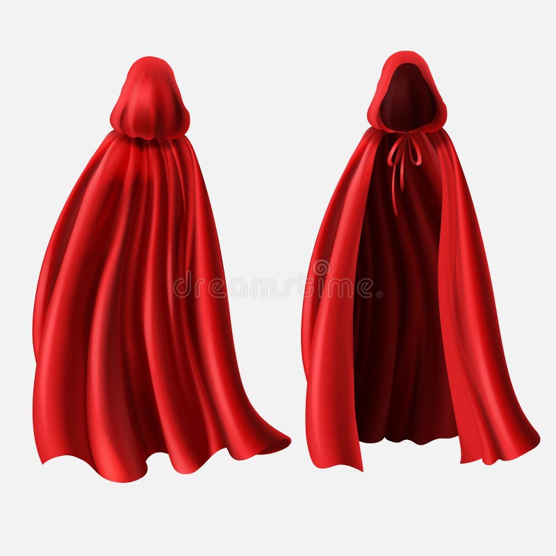 Vector realistic set of red cloaks with hoods isolated on white background. Carnival clothes, fancy dress, masquerade costume for superhero, vampire. Mockup with silk capes, front and back view. Vector realistic set of red cloaks with hoods isolated on white background. Carnival clothes, fancy dress, masquerade costume for superhero, vampire. Mockup with silk capes, front and back view