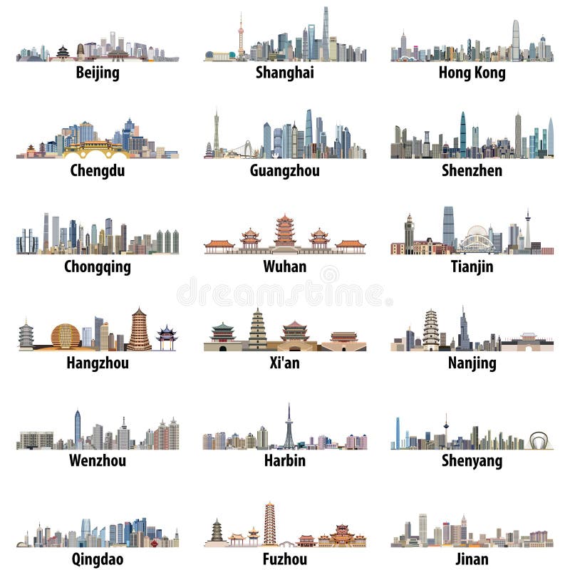 Vector l'insieme su dettagliato degli orizzonti cinesi della più grande città isolati su fondo bianco Vector l'insieme su dettagliato degli orizzonti cinesi della più grande città isolati su fondo bianco