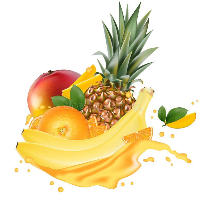 Vector la bandera de la promoción de los anuncios 3d, mango realista, naranja, plátano, stock de ilustración Vector la bandera de la promoción de los anuncios 3d, mango realista, naranja, plátano, stock de ilustración