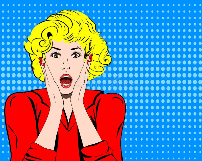 Vector la cara chocada mujer con la boca abierta en estilo de los tebeos del arte pop stock de ilustración Vector la cara chocada mujer con la boca abierta en estilo de los tebeos del arte pop stock de ilustración