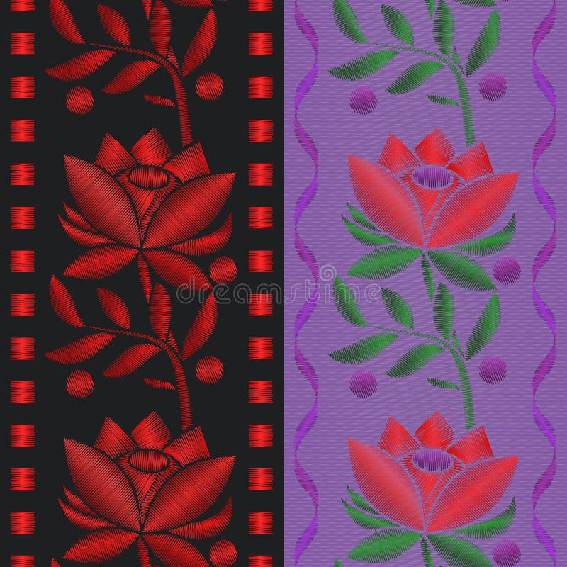 Vector la cinta inconsútil del modelo de los ejemplos con bordado rojo de las rosas de la flor en fondo de la materia textil stock de ilustración Vector la cinta inconsútil del modelo de los ejemplos con bordado rojo de las rosas de la flor en fondo de la materia textil stock de ilustración