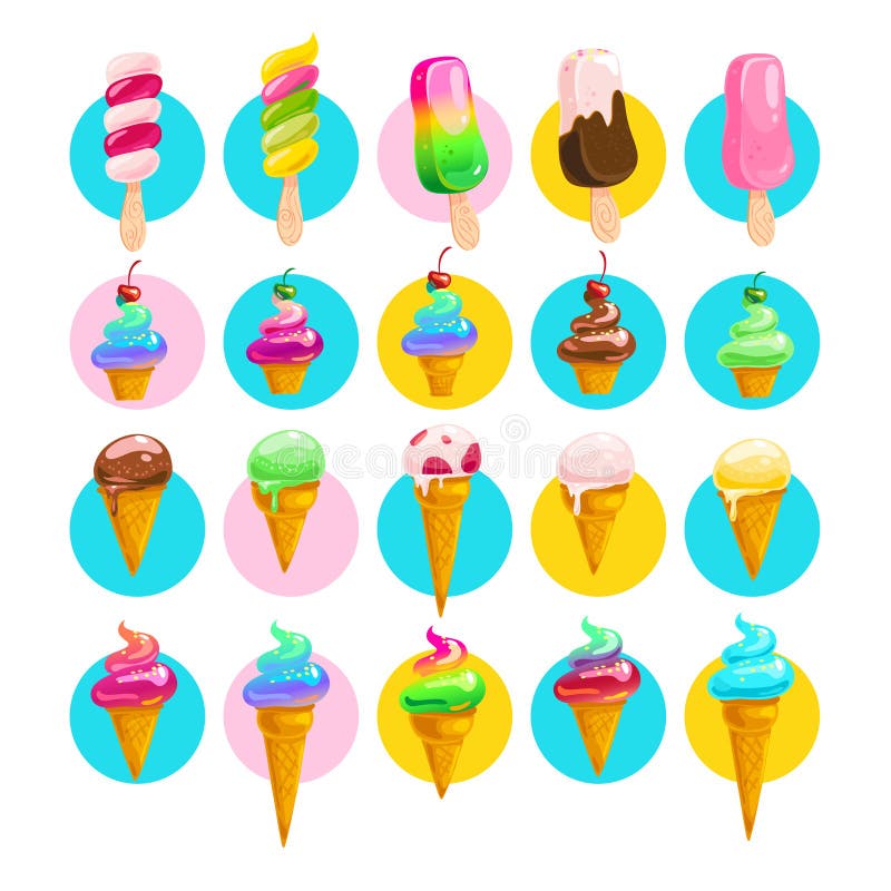 Vector la colección plana de cono de helado y de esquimal dulces sabrosos libre illustration Vector la colección plana de cono de helado y de esquimal dulces sabrosos libre illustration