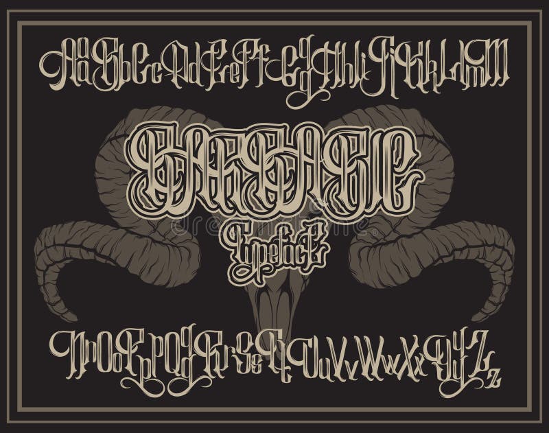 Vector la fuente gótica manuscrita para las letras únicas con el ejemplo dibujado mano del cráneo del espolón libre illustration Vector la fuente gótica manuscrita para las letras únicas con el ejemplo dibujado mano del cráneo del espolón libre illustration
