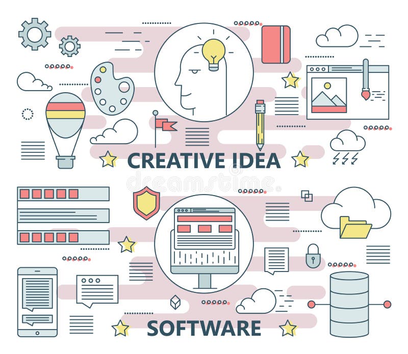 Vector la linea sottile insegne creative piane di concetto di software e di idea royalty illustrazione gratis