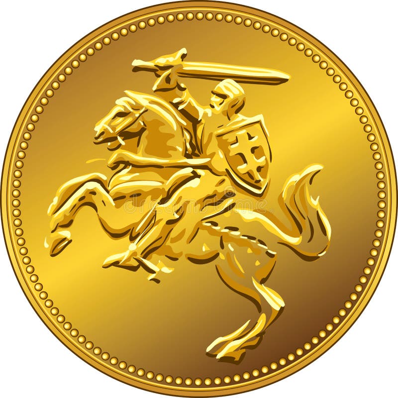 Gold money coin with depicting the equestrian knight with sword raised (Pahonia). Gold money coin with depicting the equestrian knight with sword raised (Pahonia)