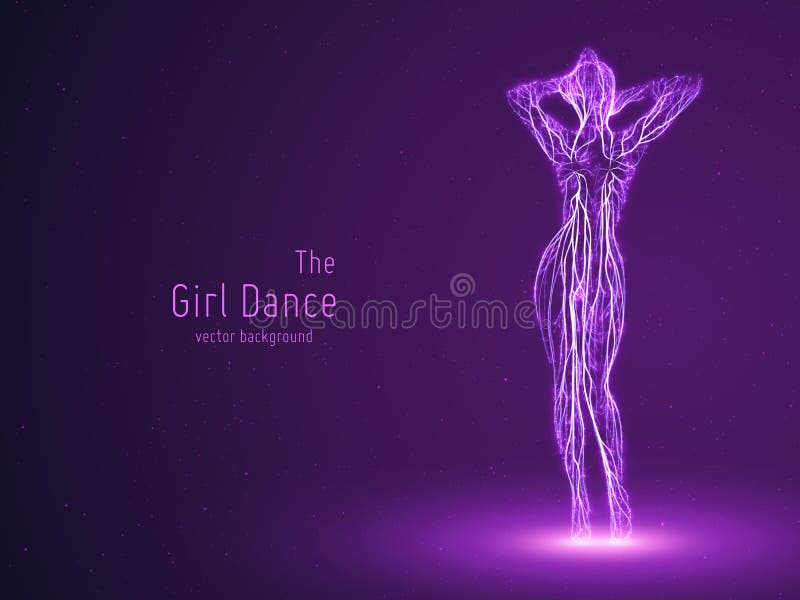 Vector a la muchacha de baile construida con las líneas violetas y las partículas que brillan intensamente Actitud lenta elegante libre illustration Vector a la muchacha de baile construida con las líneas violetas y las partículas que brillan intensamente Actitud lenta elegante libre illustration