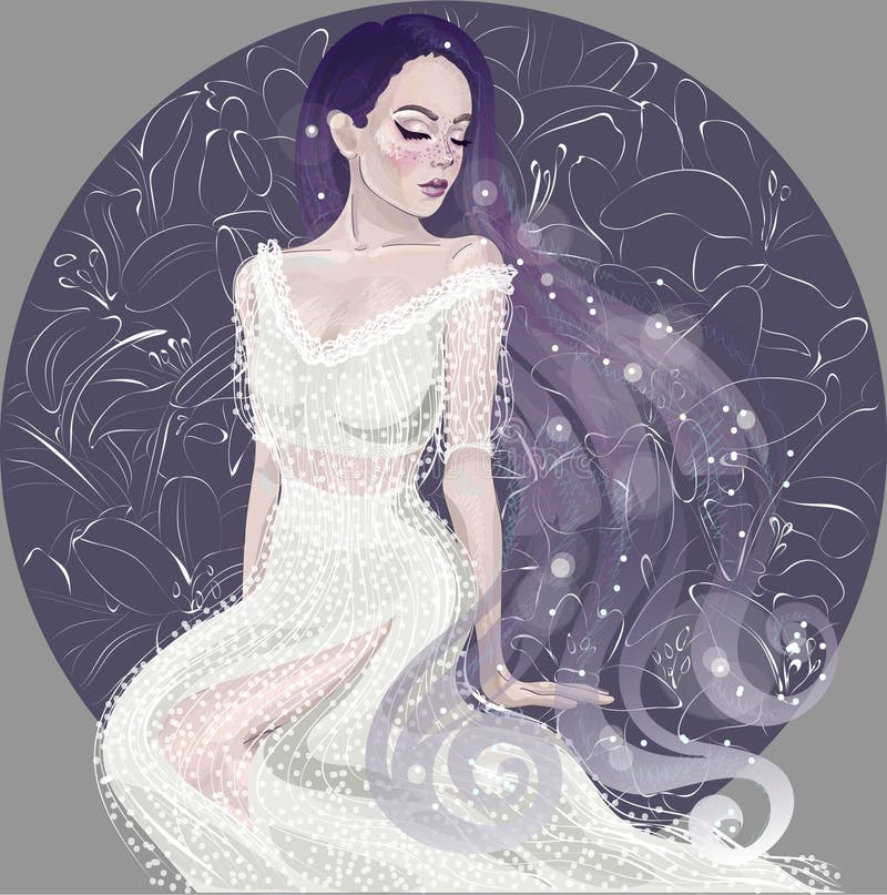 Vector a la muchacha hermosa en el fondo de lirios stock de ilustración Vector a la muchacha hermosa en el fondo de lirios stock de ilustración