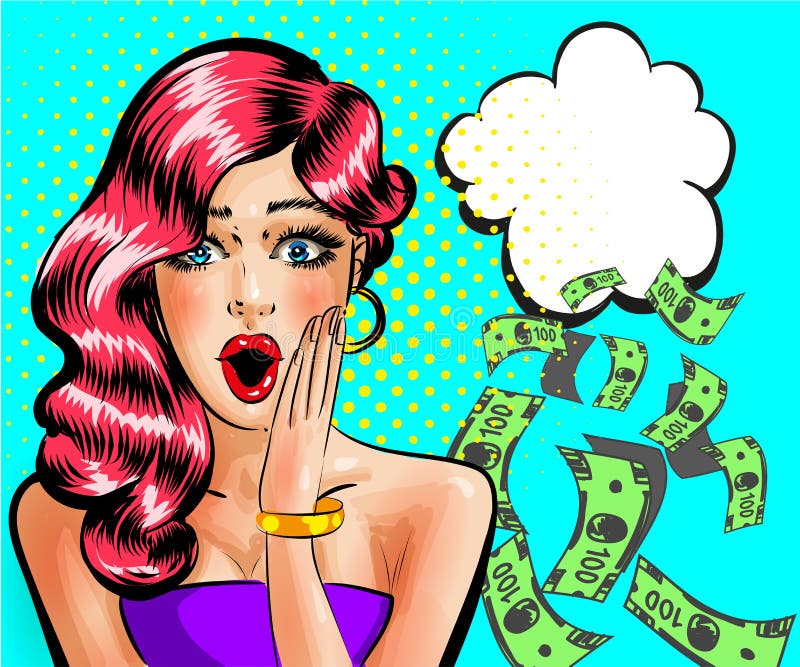Vector a la muchacha hermosa sorprendida del perno-para arriba del arte pop que piensa en el dinero stock de ilustración