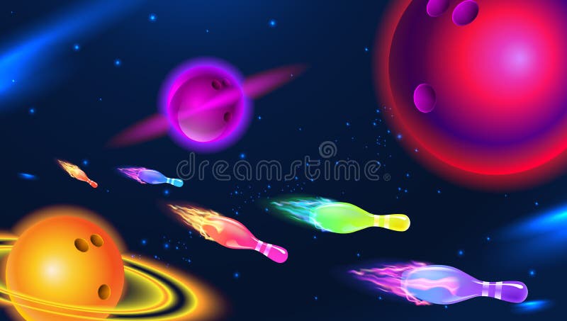 Vector la palla dello spazio di bowling ed il perno cosmici, il pianeta astratto, la galassia, la stella, illustrazione di bowlin