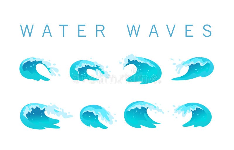 Vector collection of flat blue water waves, splatters, curves icons isolated on white background. Pure water splatters set, good for environment elements design, packaging emblems, banners, logo etc. Vector collection of flat blue water waves, splatters, curves icons isolated on white background. Pure water splatters set, good for environment elements design, packaging emblems, banners, logo etc.