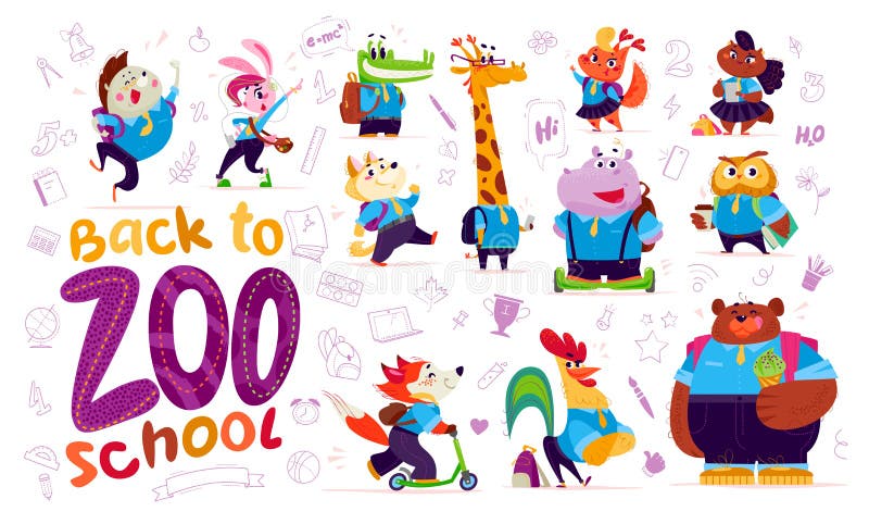 Vector la raccolta piana degli studenti animali divertenti felici illustrazione di stock Vector la raccolta piana degli studenti animali divertenti felici illustrazione di stock