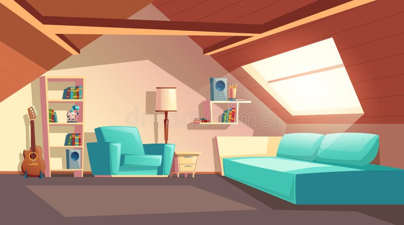 Vector la stanza vuota della soffitta del fumetto, interno della soffitta illustrazione vettoriale Vector la stanza vuota della soffitta del fumetto, interno della soffitta illustrazione vettoriale