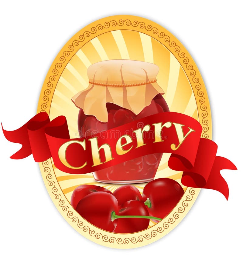 Vector label with a jar of cherry jam and a ribbon