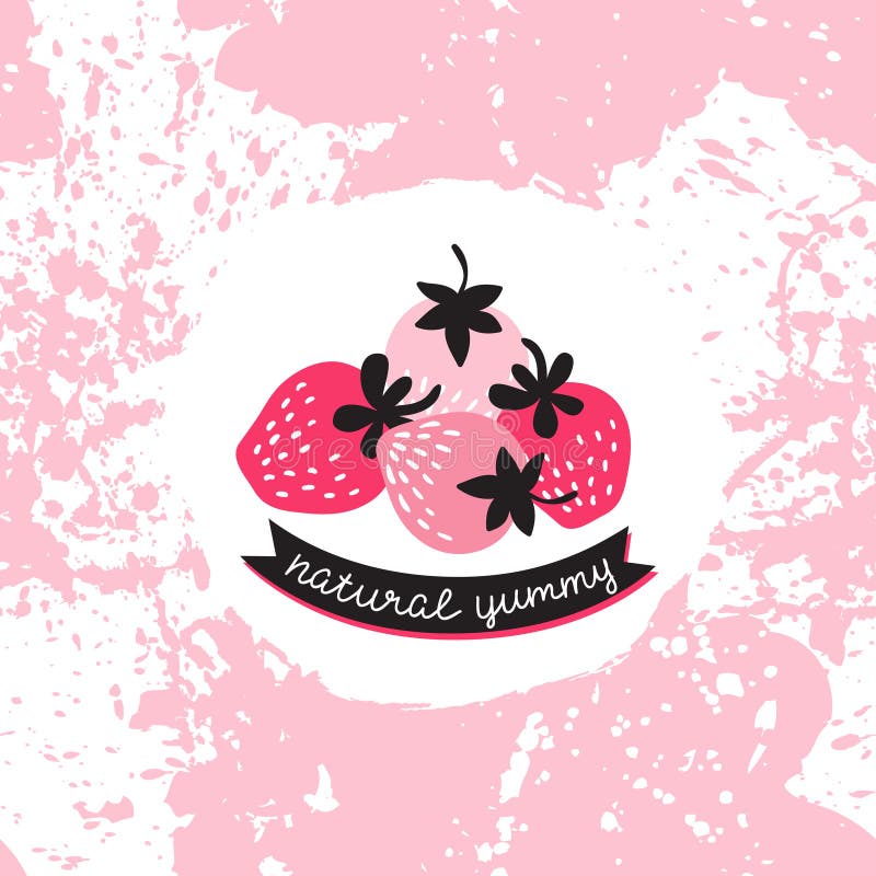 Vector label with pink and red strawberry on the splashes background.