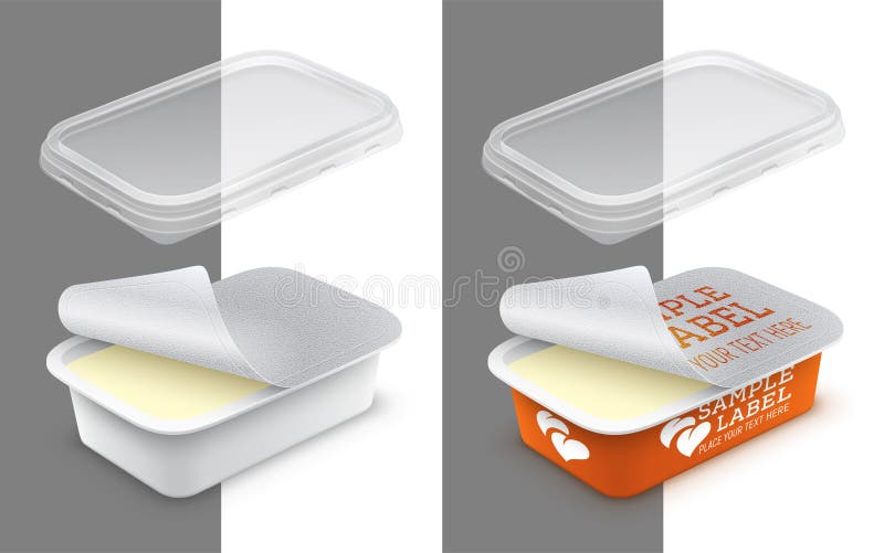 Vector labeled open rectangular plastic container with foil stock illustration