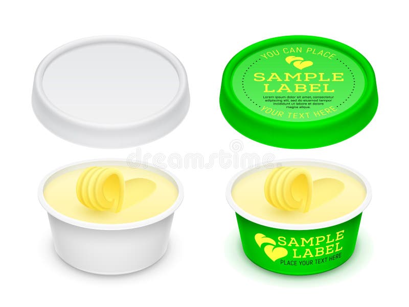 Vector labeled plastic round container with butter within. stock illustration