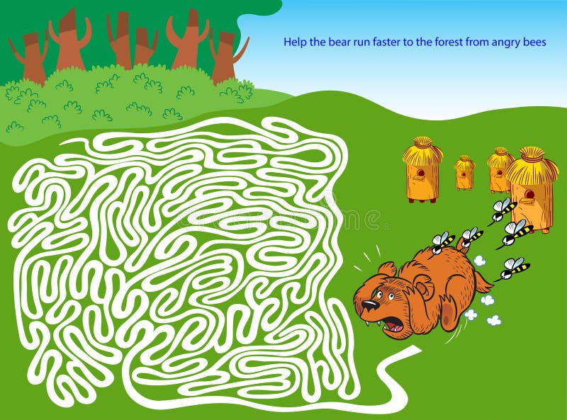 Vector with labyrinth with bear and bees